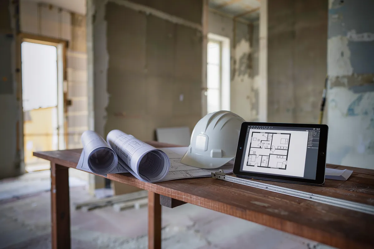 Baupläne, Schutzhelm und Tablet mit Grundriss auf einem Tisch im Rohbau