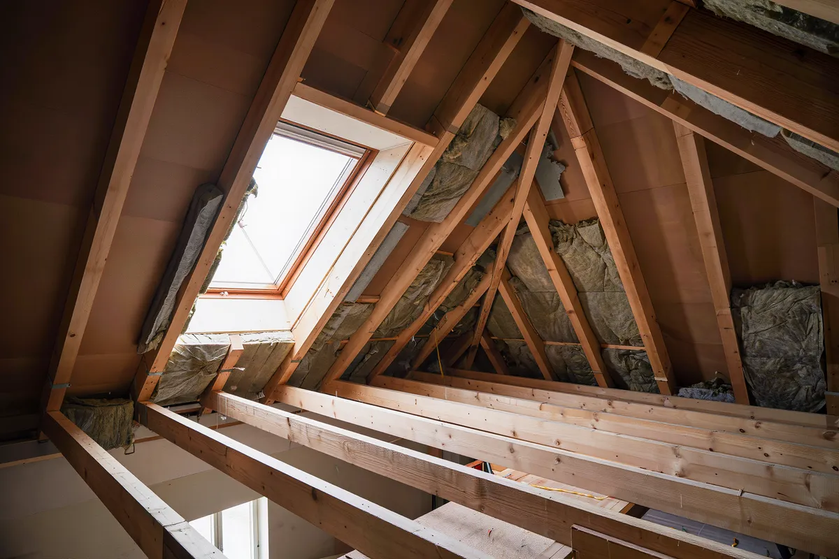 Dachgeschossausbau mit neuen Holzbalken und Dämmung zwischen den Sparren