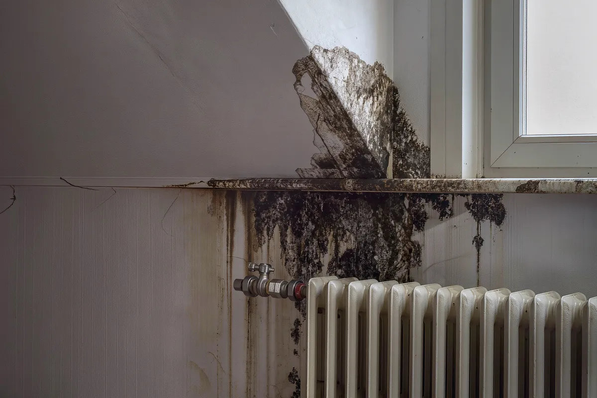 Schimmelbefall in einer Raumecke am Fenster