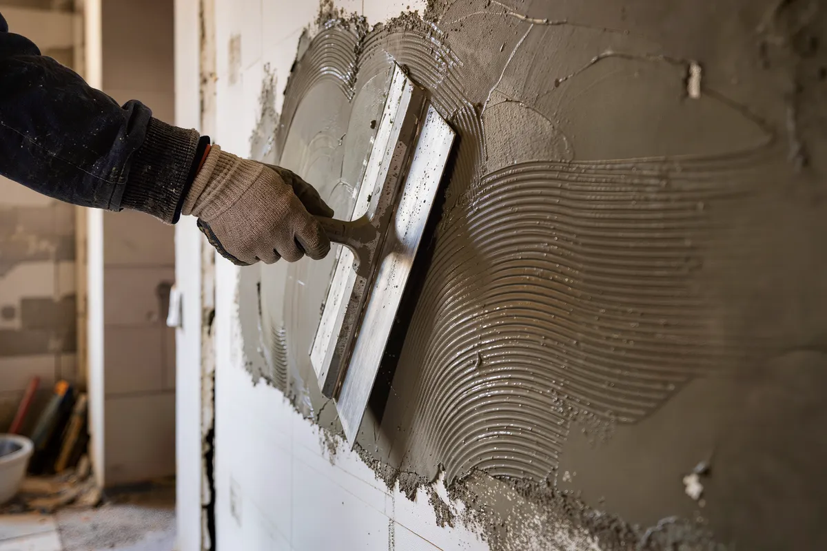 Frischer Putz wird mit der Glättekelle an der Wand verzogen